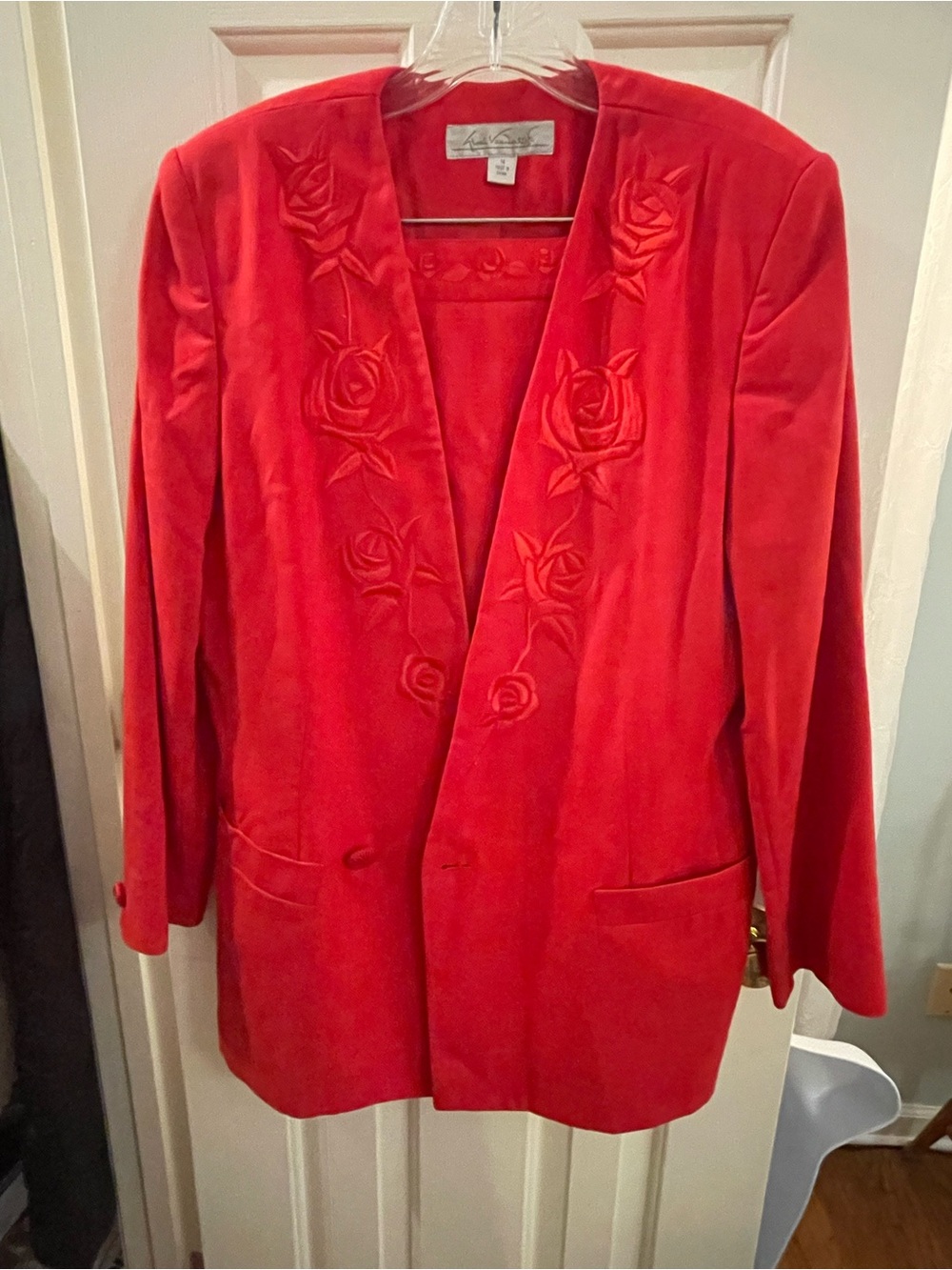 Gloria Vanderbilt Red Suit with Embroidered Rose Trim